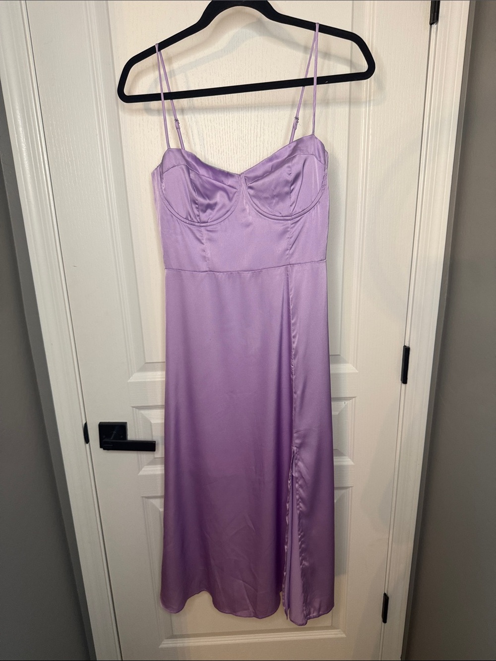 Astr Lavender Satin Midi Slip Dress with Sculpted Bust